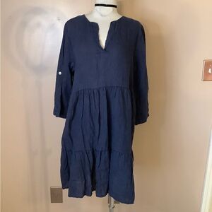 Bellambra Made in Italy Blue 100% Linen Tiered Dress Short Sleeve Boho Dress MD.